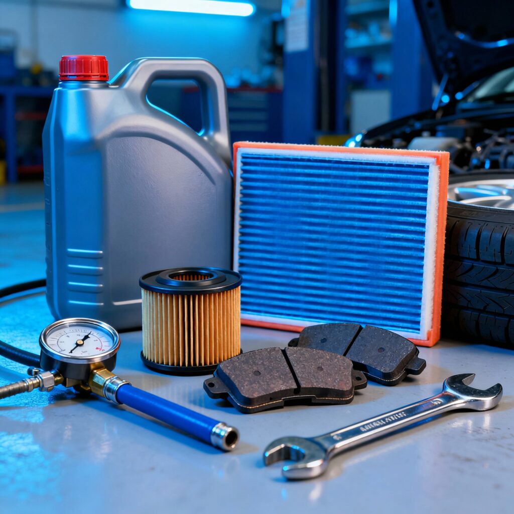Mantenimiento preventivo de vehículo con elementos clave en tonos azules, incluyendo aceite, filtros, pastillas de freno y medidor de presión de neumáticos en un taller automotriz limpio