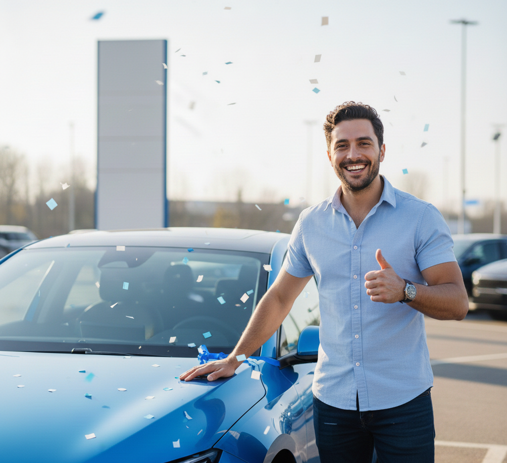 oven profesional celebrando con éxito la compra de su vehículo azul gracias a un plan financiero inteligente de PlanAutos.